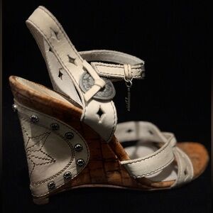 Dior Gaucho Vintage White Wedge Sandals with Embellished Cork Heel